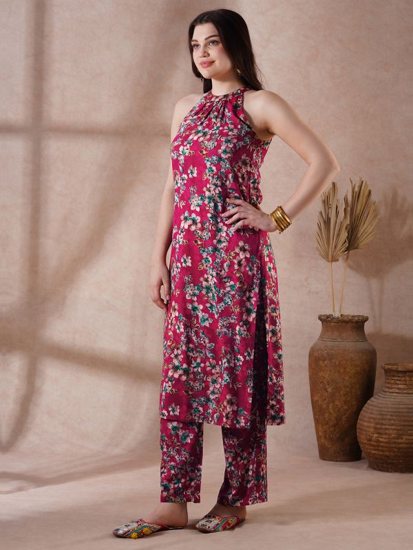 Globus Women Red Halter Neck Allover Floral Print Straight Kurta With Pants Fusion Set