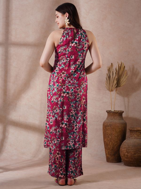 Globus Women Red Halter Neck Allover Floral Print Straight Kurta With Pants Fusion Set