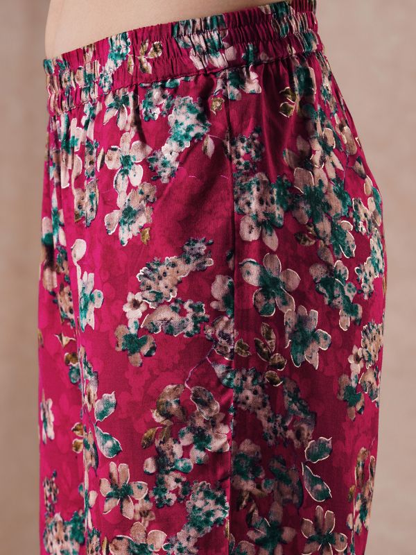 Globus Women Red Halter Neck Allover Floral Print Straight Kurta With Pants Fusion Set