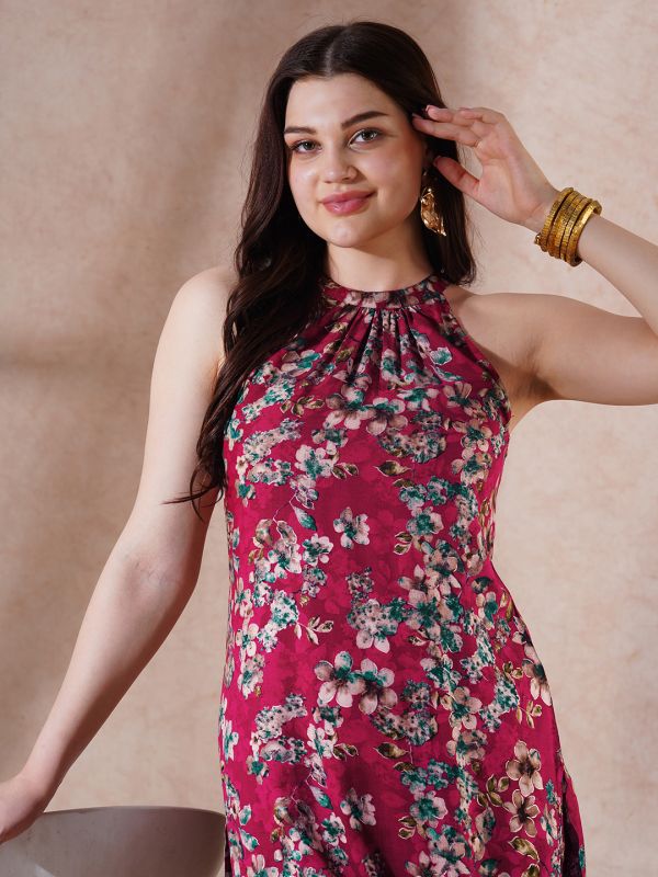 Globus Women Red Halter Neck Allover Floral Print Straight Kurta With Pants Fusion Set
