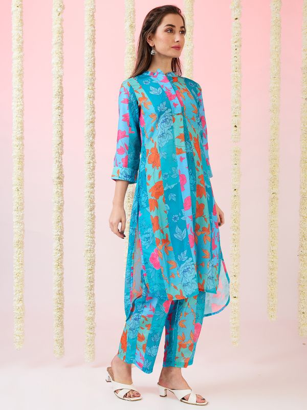 Globus Women Blue Floral Print Mandarin Collar High-Low Hem Straight Kurta & Pants Fusion Set