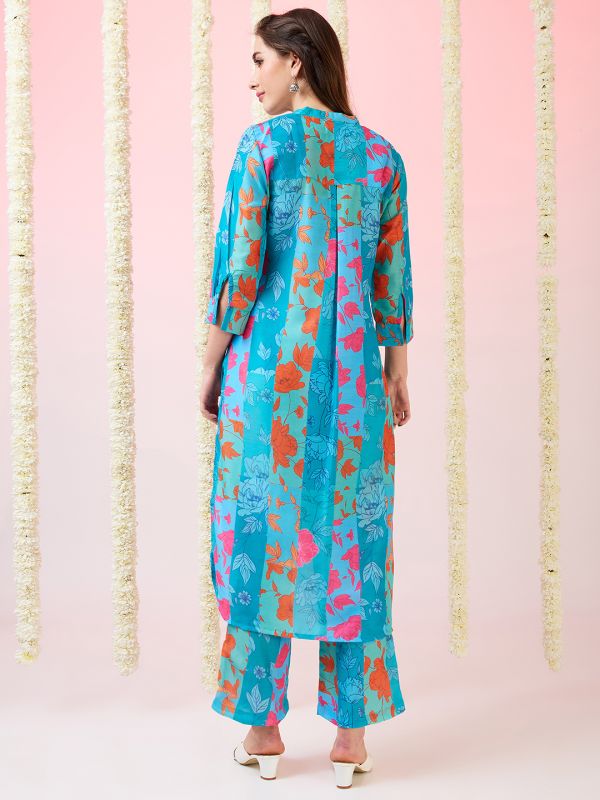 Globus Women Blue Floral Print Mandarin Collar High-Low Hem Straight Kurta & Pants Fusion Set