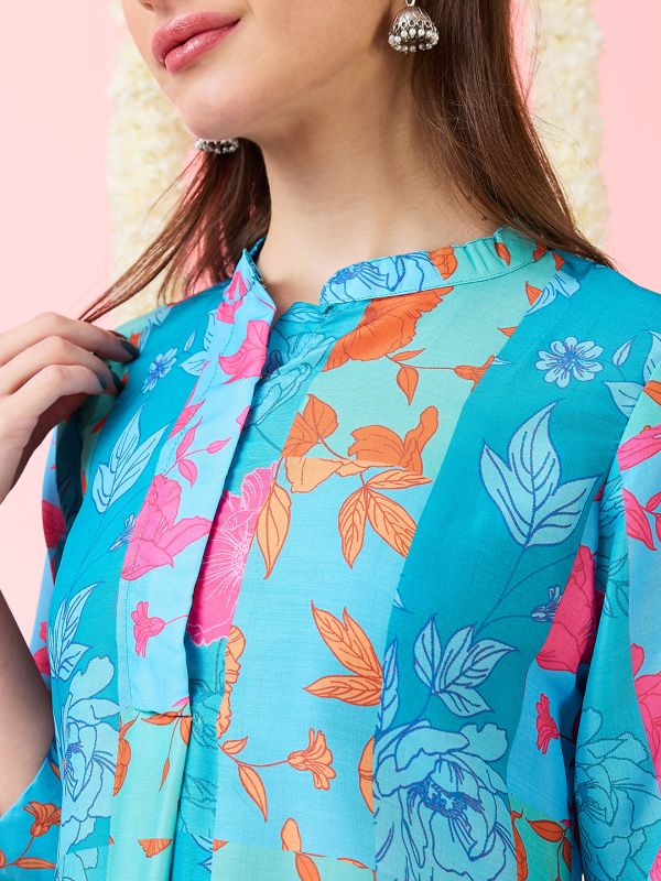 Globus Women Blue Floral Print Mandarin Collar High-Low Hem Straight Kurta & Pants Fusion Set