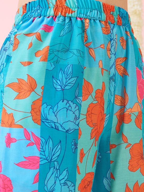 Globus Women Blue Floral Print Mandarin Collar High-Low Hem Straight Kurta & Pants Fusion Set