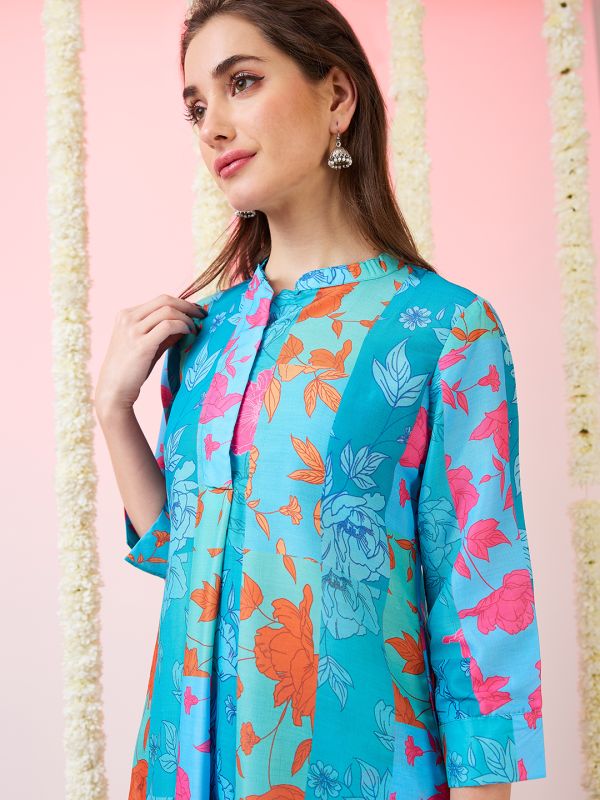 Globus Women Blue Floral Print Mandarin Collar High-Low Hem Straight Kurta & Pants Fusion Set