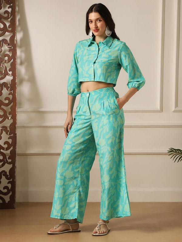 Globus Women Blue Floral Print Bishop Sleeves Crop Shirt & Wide Leg Trousers Fusion Co-Ord Set