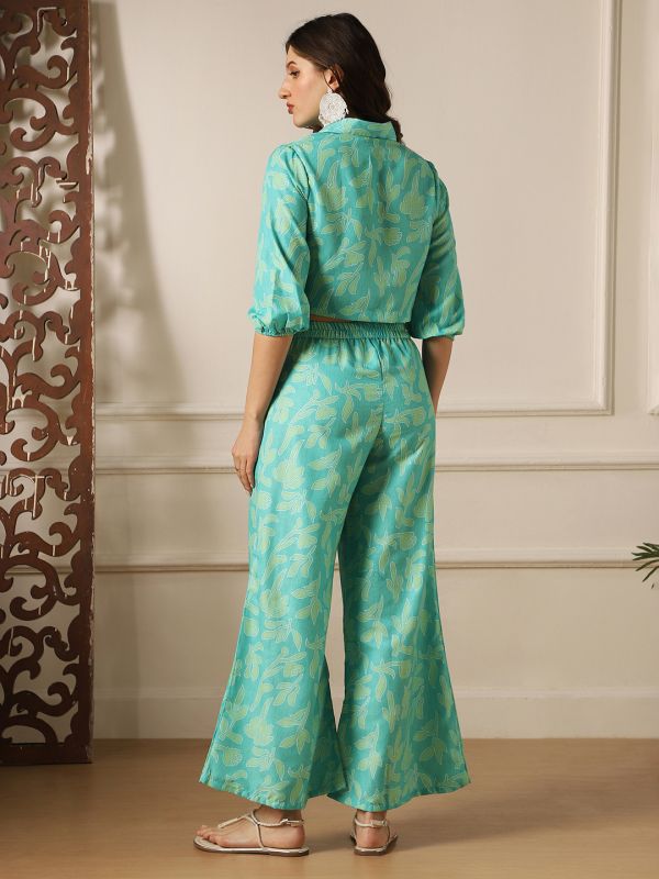 Globus Women Blue Floral Print Bishop Sleeves Crop Shirt & Wide Leg Trousers Fusion Co-Ord Set