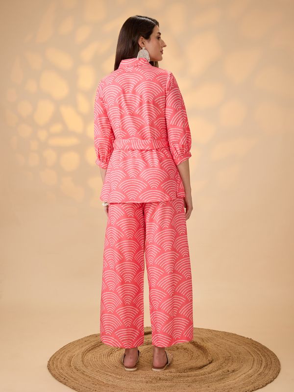 Globus Women Coral Shirt Collar Puff Sleeves Abstract Print Tunic With Palazzos & Embroidered Belt Fusion Co-Ord Set
