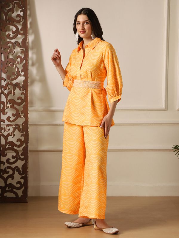Globus Women Yellow Shirt Collar Puff Sleeves Abstract Print Tunic With Palazzos & Embroidered Belt Fusion Co-Ord Set