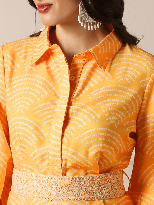Globus Women Yellow Shirt Collar Puff Sleeves Abstract Print Tunic With Palazzos & Embroidered Belt Fusion Co-Ord Set