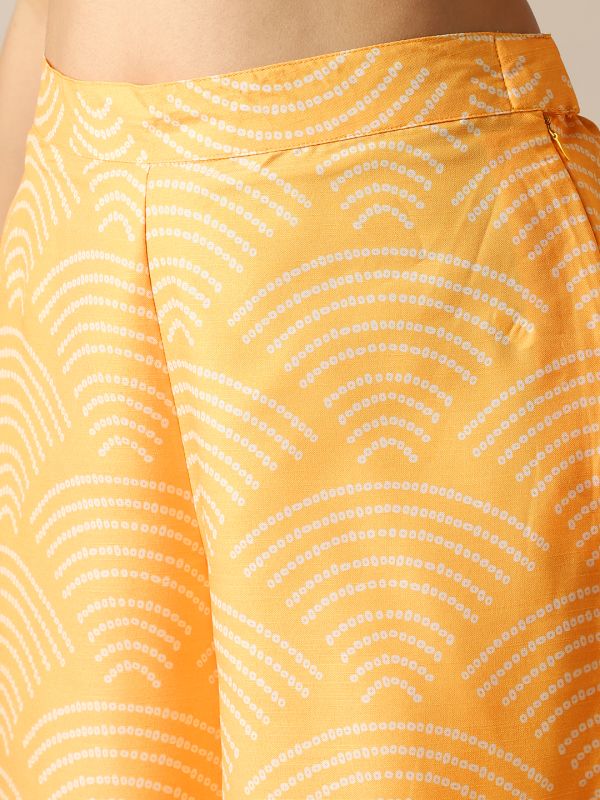 Globus Women Yellow Shirt Collar Puff Sleeves Abstract Print Tunic With Palazzos & Embroidered Belt Fusion Co-Ord Set