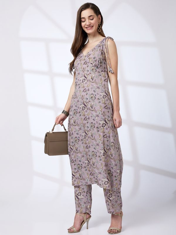Globus Women Lilac V-Neck Tie-Up Strappy Shoulder Floral Print A-Line Kurta With Pants Workwear Set