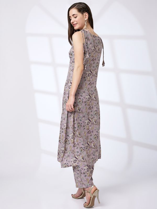 Globus Women Lilac V-Neck Tie-Up Strappy Shoulder Floral Print A-Line Kurta With Pants Workwear Set