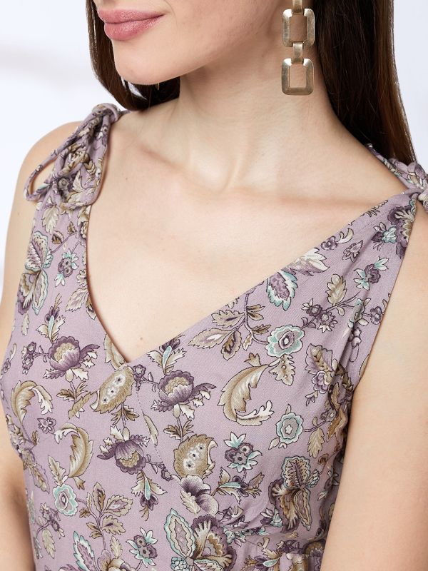 Globus Women Lilac V-Neck Tie-Up Strappy Shoulder Floral Print A-Line Kurta With Pants Workwear Set