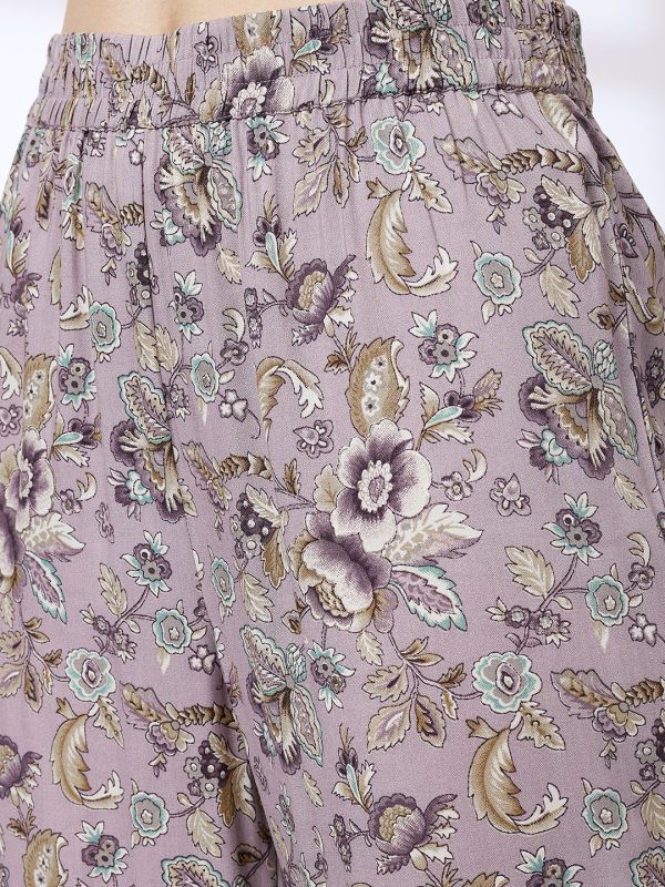 Globus Women Lilac V-Neck Tie-Up Strappy Shoulder Floral Print A-Line Kurta With Pants Workwear Set