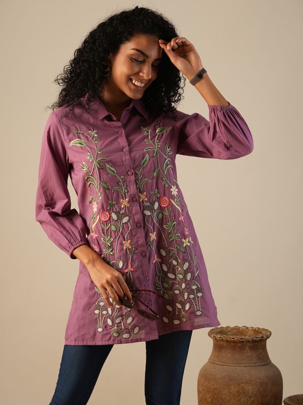 Globus Women Purple Shirt Collar Bishop Sleeves Floral Embroidered A-Line Fusion Tunic