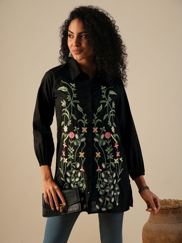 Globus Women Black Shirt Collar Bishop Sleeves Floral Embroidered A-Line Fusion Tunic