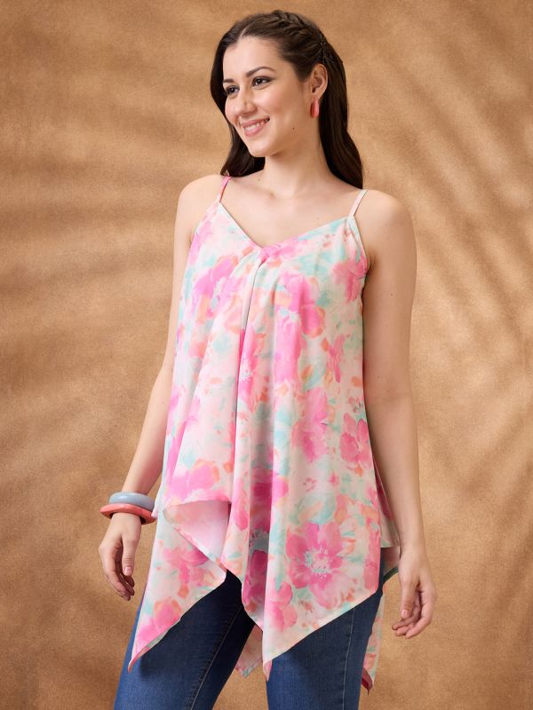 Globus Women Pink V-Neck Strappy Shoulder Floral Print Asymmetric Hem Fusion Tunic