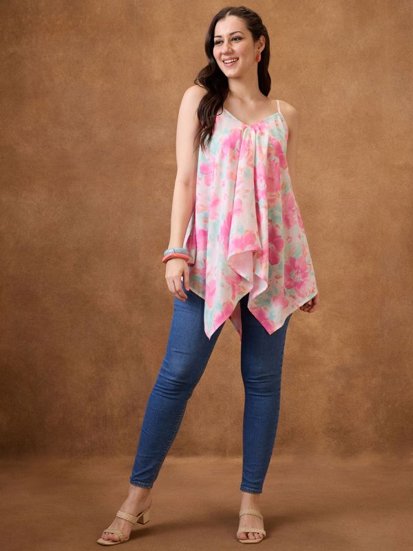 Globus Women Pink V-Neck Strappy Shoulder Floral Print Asymmetric Hem Fusion Tunic