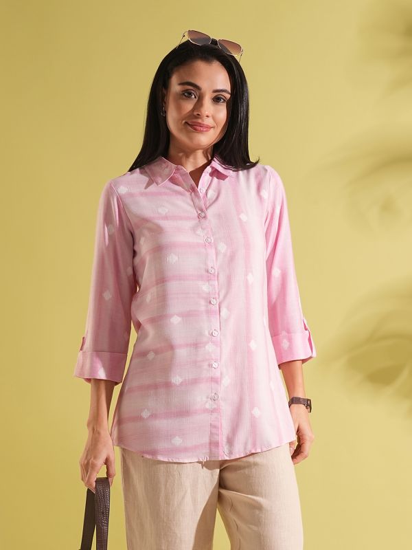 Globus Women Pink Collar Neck Roll-Up Sleeves Geometric Woven Design Workwear Shirt Style Tunic