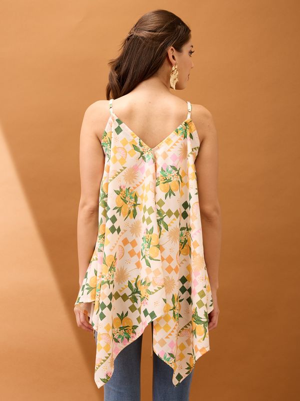 Globus Women Off White V-Neck Strappy Shoulder Floral & Fruit Print Asymmetric Hem Fusion Tunic