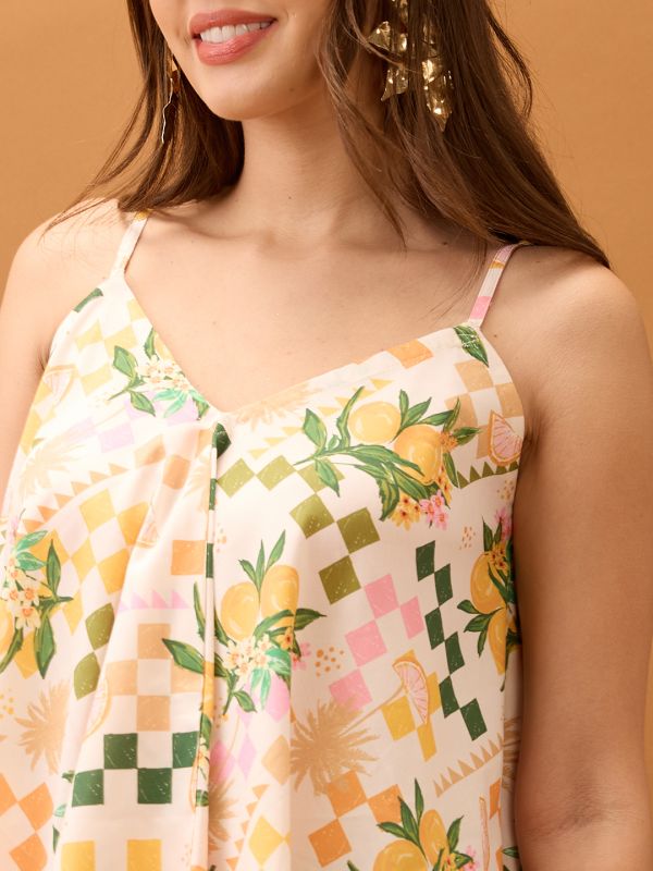 Globus Women Off White V-Neck Strappy Shoulder Floral & Fruit Print Asymmetric Hem Fusion Tunic