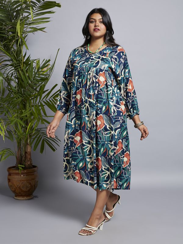 Globus Gloplus Women Navy Blue V-Neck Floral Print Gathered A-Line Plus Size Midi Fusion Dress