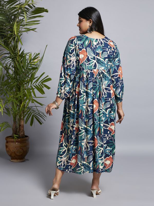 Globus Gloplus Women Navy Blue V-Neck Floral Print Gathered A-Line Plus Size Midi Fusion Dress