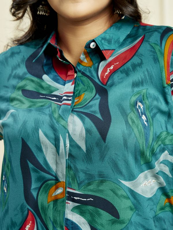 Globus Gloplus Women Teal Abstract Print Shirt Style Tunic with Wide Leg Trousers Plus Size Fusion Co-Ord Set