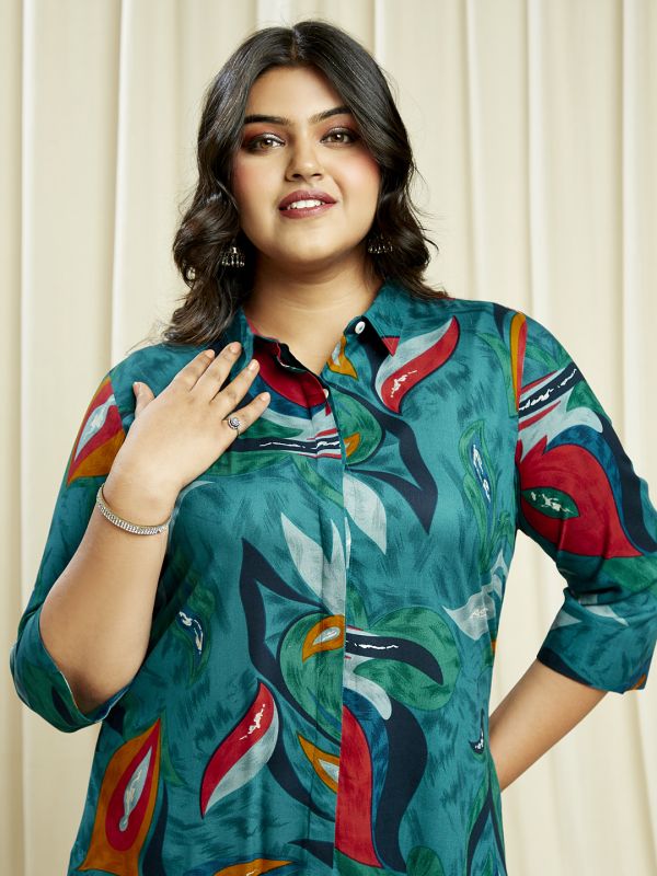 Globus Gloplus Women Teal Abstract Print Shirt Style Tunic with Wide Leg Trousers Plus Size Fusion Co-Ord Set