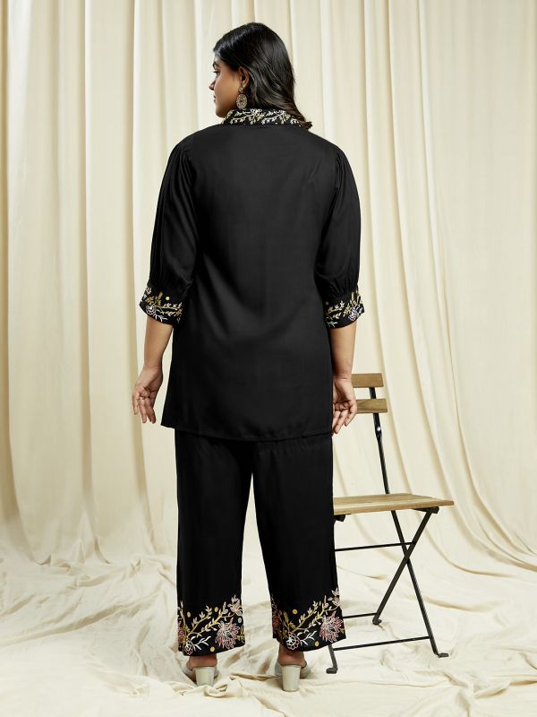 Globus Gloplus Women Black Embroidered Detail Shirt Style Tunic With Wide Leg Trousers Plus Size Fusion Co-Ord Set