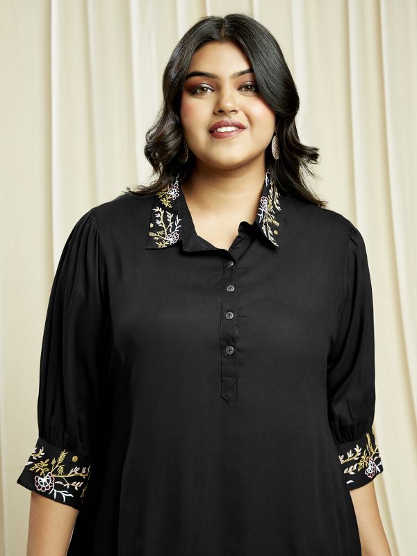 Globus Gloplus Women Black Embroidered Detail Shirt Style Tunic With Wide Leg Trousers Plus Size Fusion Co-Ord Set