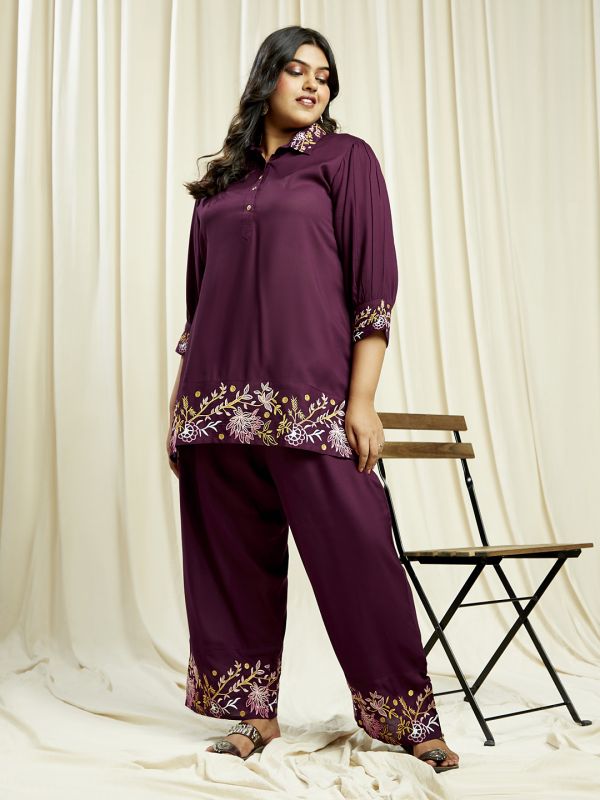 Globus Gloplus Women Purple Embroidered Detail Shirt Style Tunic With Wide Leg Trousers Plus Size Fusion Co-Ord Set