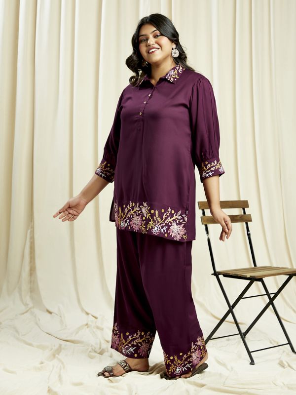 Globus Gloplus Women Purple Embroidered Detail Shirt Style Tunic With Wide Leg Trousers Plus Size Fusion Co-Ord Set