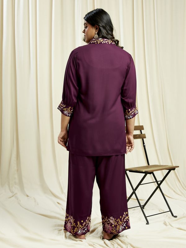 Globus Gloplus Women Purple Embroidered Detail Shirt Style Tunic With Wide Leg Trousers Plus Size Fusion Co-Ord Set