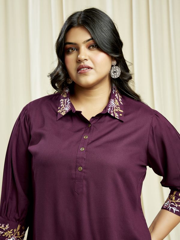Globus Gloplus Women Purple Embroidered Detail Shirt Style Tunic With Wide Leg Trousers Plus Size Fusion Co-Ord Set