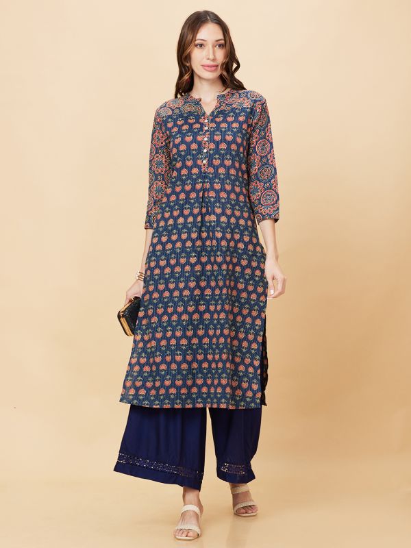 Globus Women Navy Solid Ethnic Wide Leg Palazzo with Lace at Hem