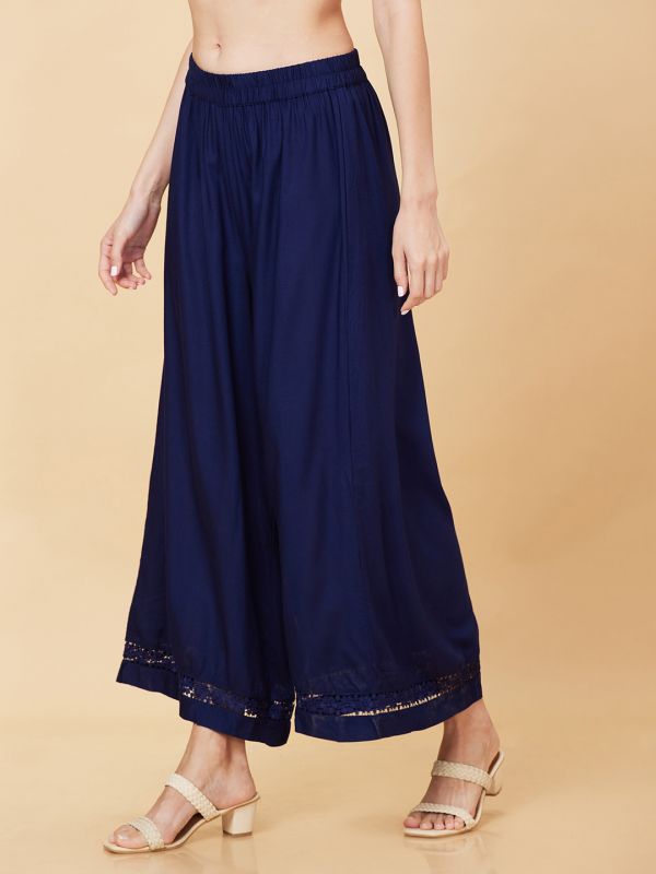 Globus Women Navy Solid Ethnic Wide Leg Palazzo with Lace at Hem
