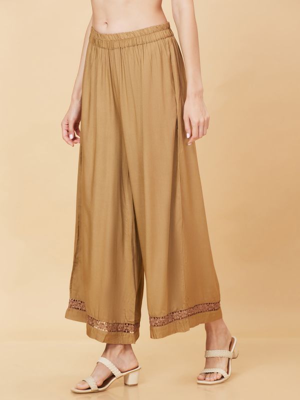 Globus Women Beige Solid Ethnic Wide Leg Palazzo with Lace at Hem