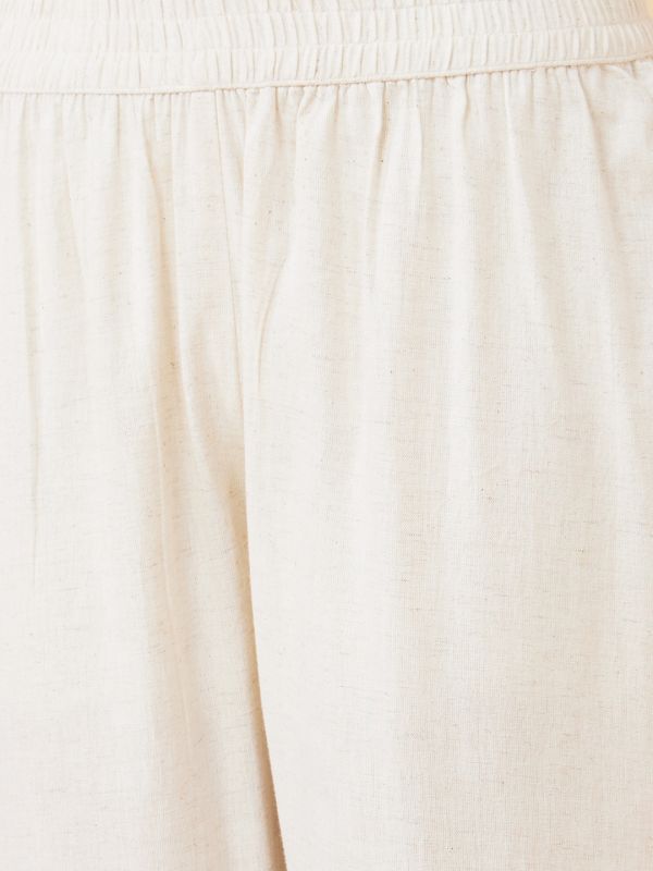 Globus Women Off White Solid Regular Fit Slip-On Trouser with Embroidered Hem