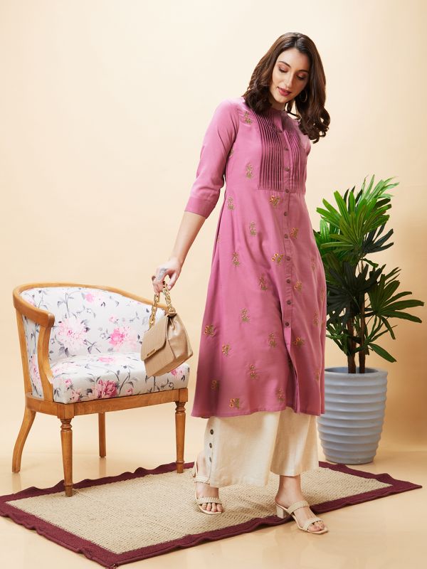 Globus Women Natural Solid Button Detailed Ethnic Straight Palazzo