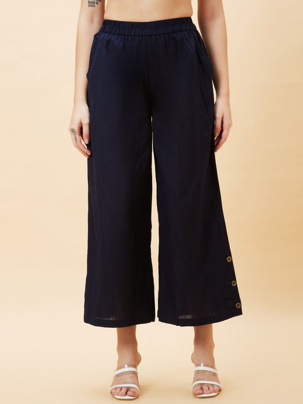 Globus Women Navy Solid Button Detailed Ethnic Straight Palazzo