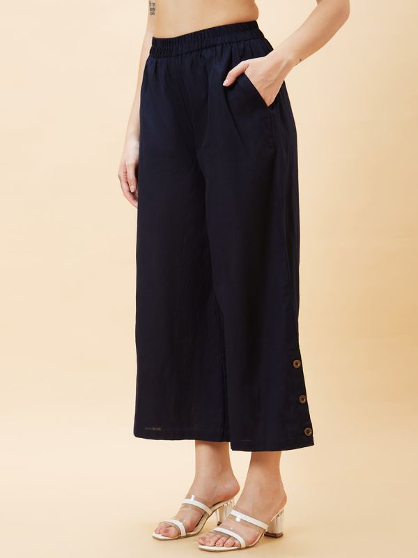 Globus Women Navy Solid Button Detailed Ethnic Straight Palazzo