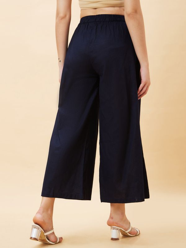 Globus Women Navy Solid Button Detailed Ethnic Straight Palazzo