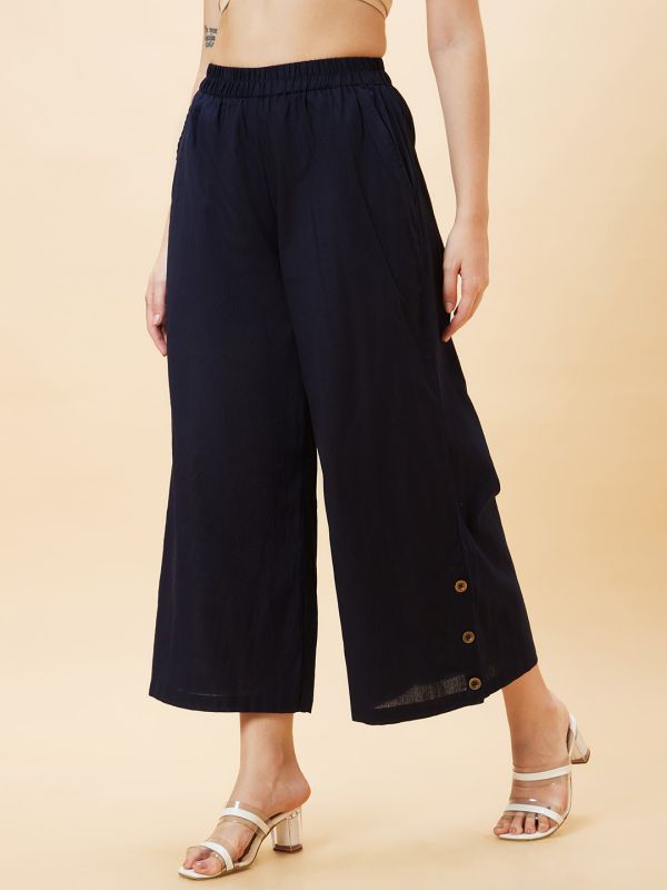 Globus Women Navy Solid Button Detailed Ethnic Straight Palazzo