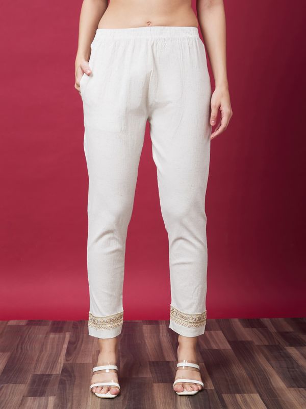 Globus Women Off White Ethnic Cigarette Trouser With Embroidery Detailed Hem