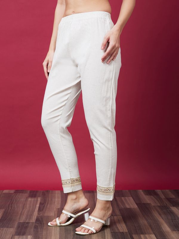 Globus Women Off White Ethnic Cigarette Trouser With Embroidery Detailed Hem