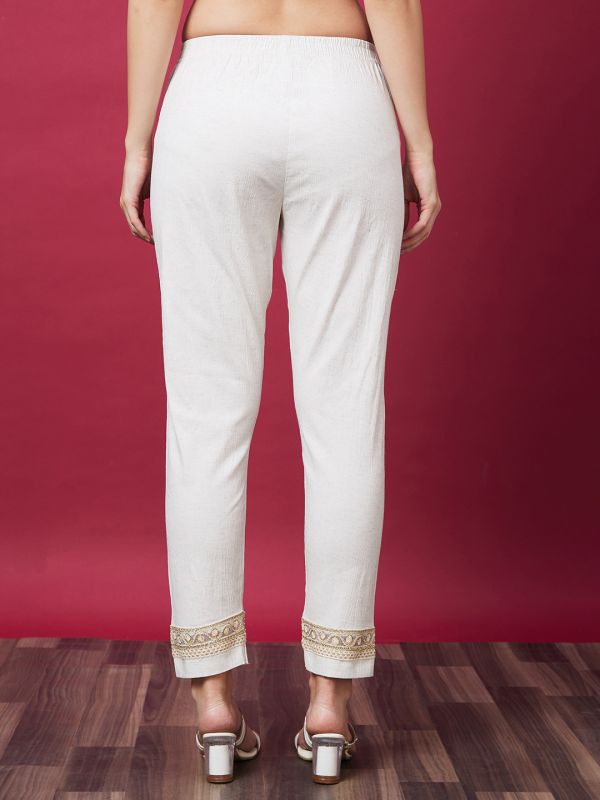 Globus Women Off White Ethnic Cigarette Trouser With Embroidery Detailed Hem