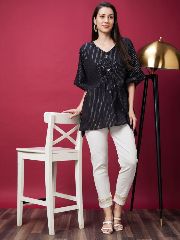 Globus Women Off White Ethnic Cigarette Trouser With Embroidery Detailed Hem