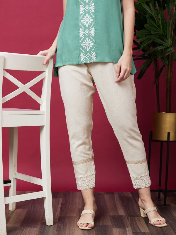 Globus Women Off White Embellished Ethnic Cigarette Trouser With Lace Detail